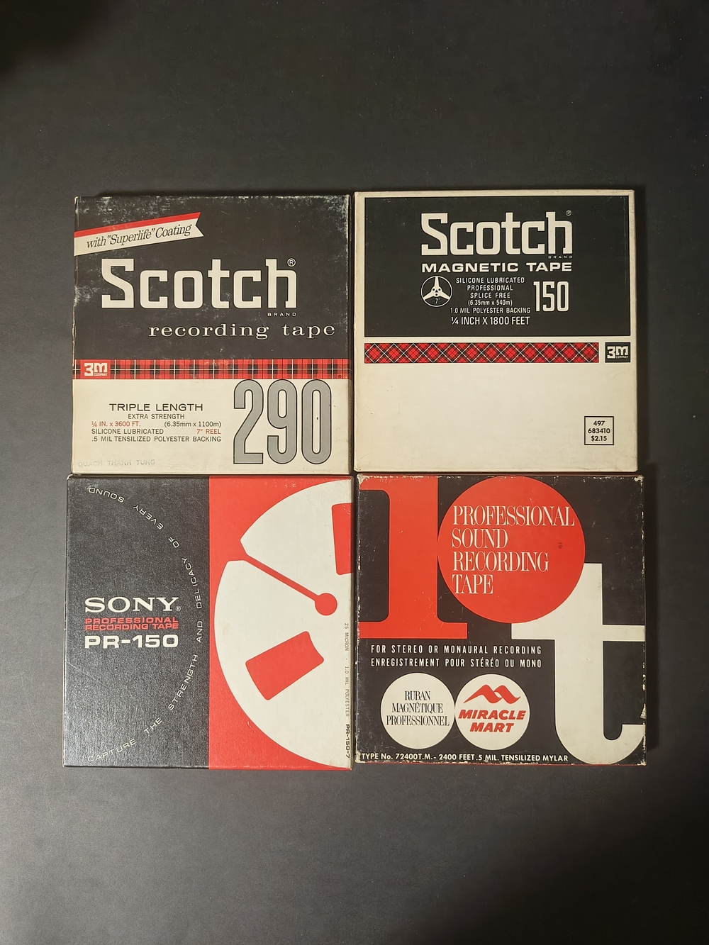 4 Scotch Magnetic Tape Sony Miracle Mart 150 200 290  7" Reel to Reel Tape Used